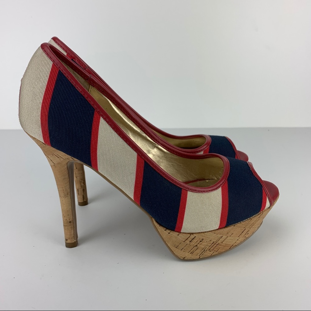 Guess nanci 2 Pumps Red White Blue Vintage Fabric Cork Like Bottom Women’s 7.5M